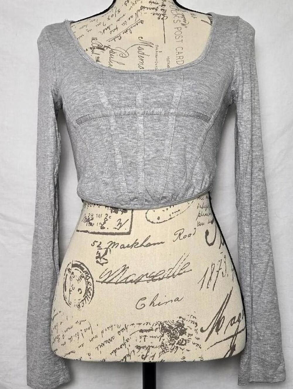 edit by nine Gray Ribbed Corset Crop Top Long Sleeve Square Neck NWT M